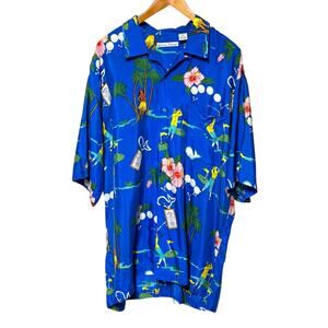 Royal Image 100% Silk Golf Hawaiian Shirt Short Sleeve Blue XL